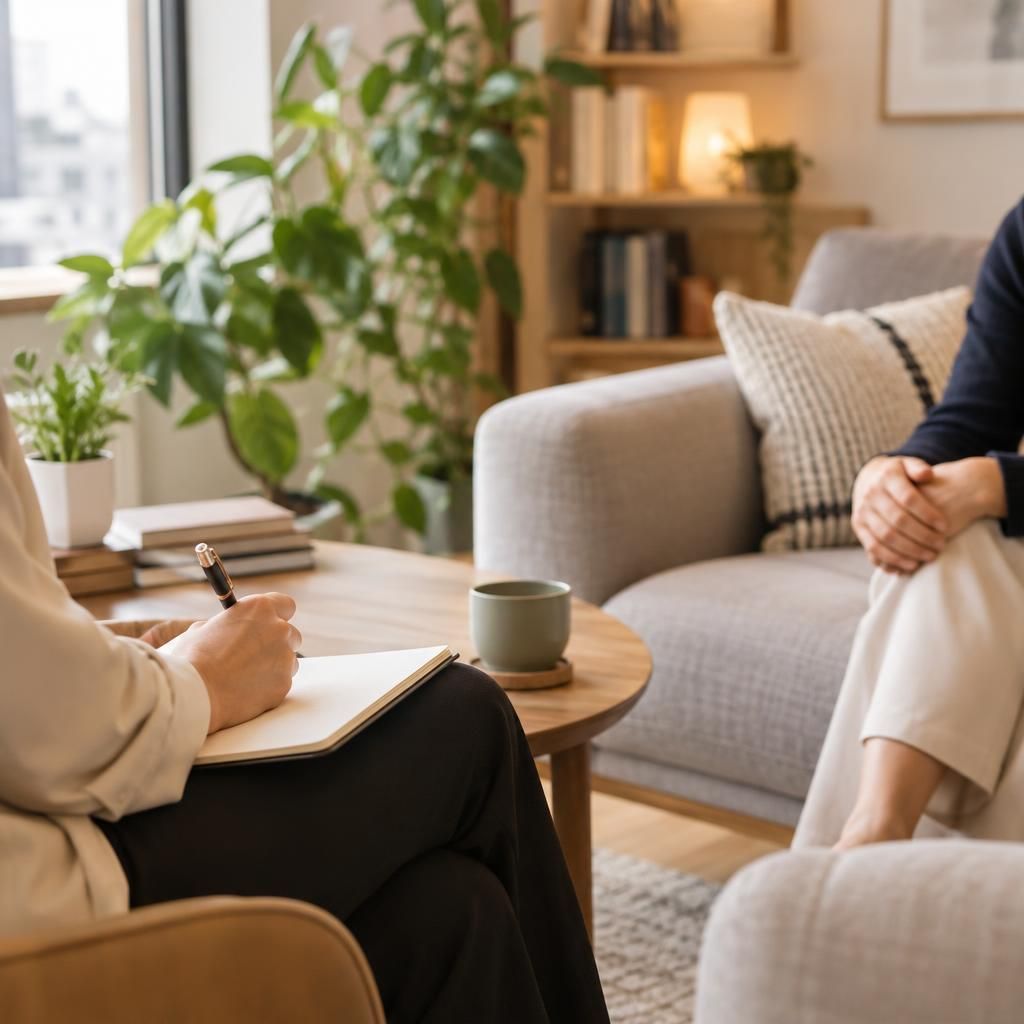 Illustration : une séance de coaching dans un salon lumineux, carnet à la main
